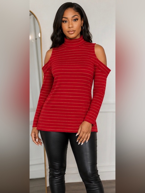 Tommy Hilfiger Sweaters - Tommy Hilfiger Red & Gold Ribbed Cold Shoulder Mock Neck Sweater Top | Size M